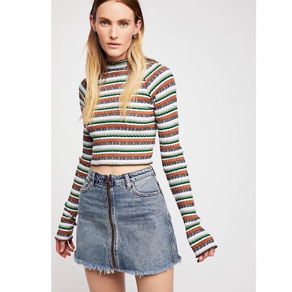FREE PEOPLE Zip it Up Blue Denim Mini Skirt